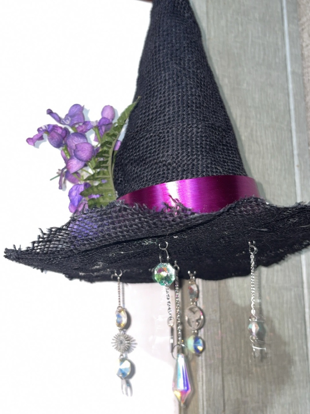 Black Witch Hat Ornament with Purple Band and Floral Accent